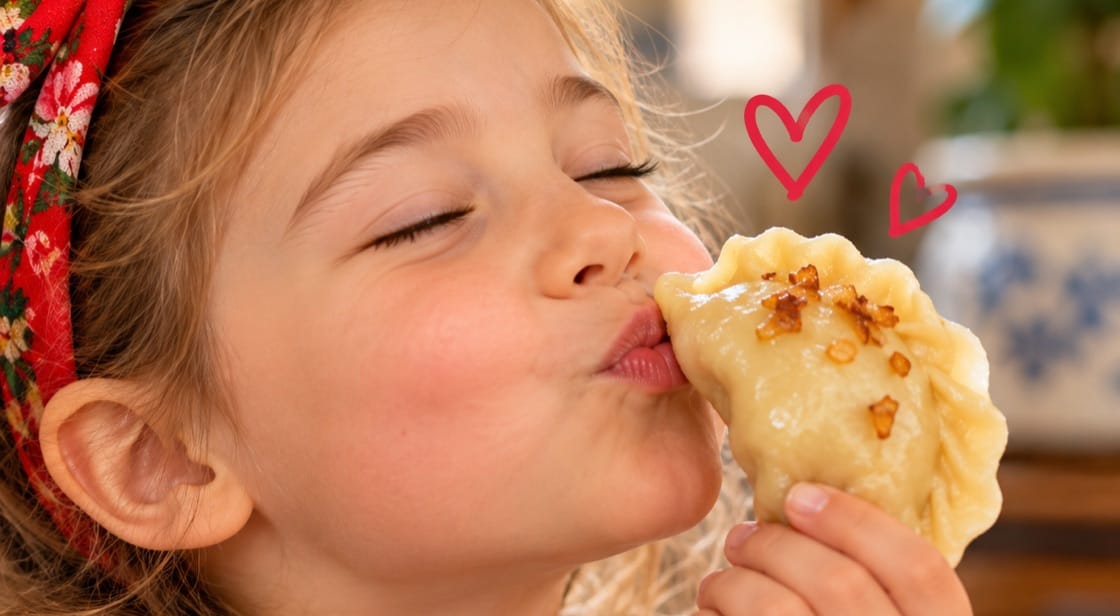 Girl in a Ukrainian vyshyvanka kissing a homemade varenyk